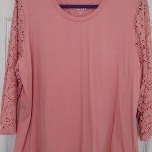Denim & Co. Perfect Jersey 3/4 Lace Sleeve Round Neck Top XL